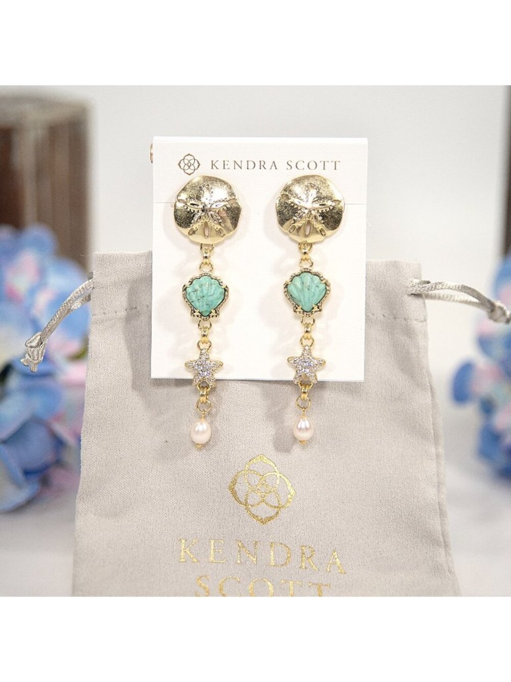 Kendra Scott Brynne Chrysocolla Pearl Shell Linear Gold Drop Earrings NWT
